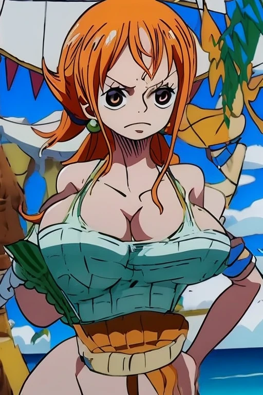 big lips, us's skin (One piece), pink eyes, japanese face, improve, improve grin, two sides up, huge breasts, Wide hips, sexy, detailed, pink room, Hits, (evil smile1.4), kawaii, fold us (One piece), One piece, GOOD, nami costume (One piece), fold us (One piece), camisa nami (One piece), choker, fold us (One piece), camisa nami (One piece),navel piercing, cosplay de nami (One piece)