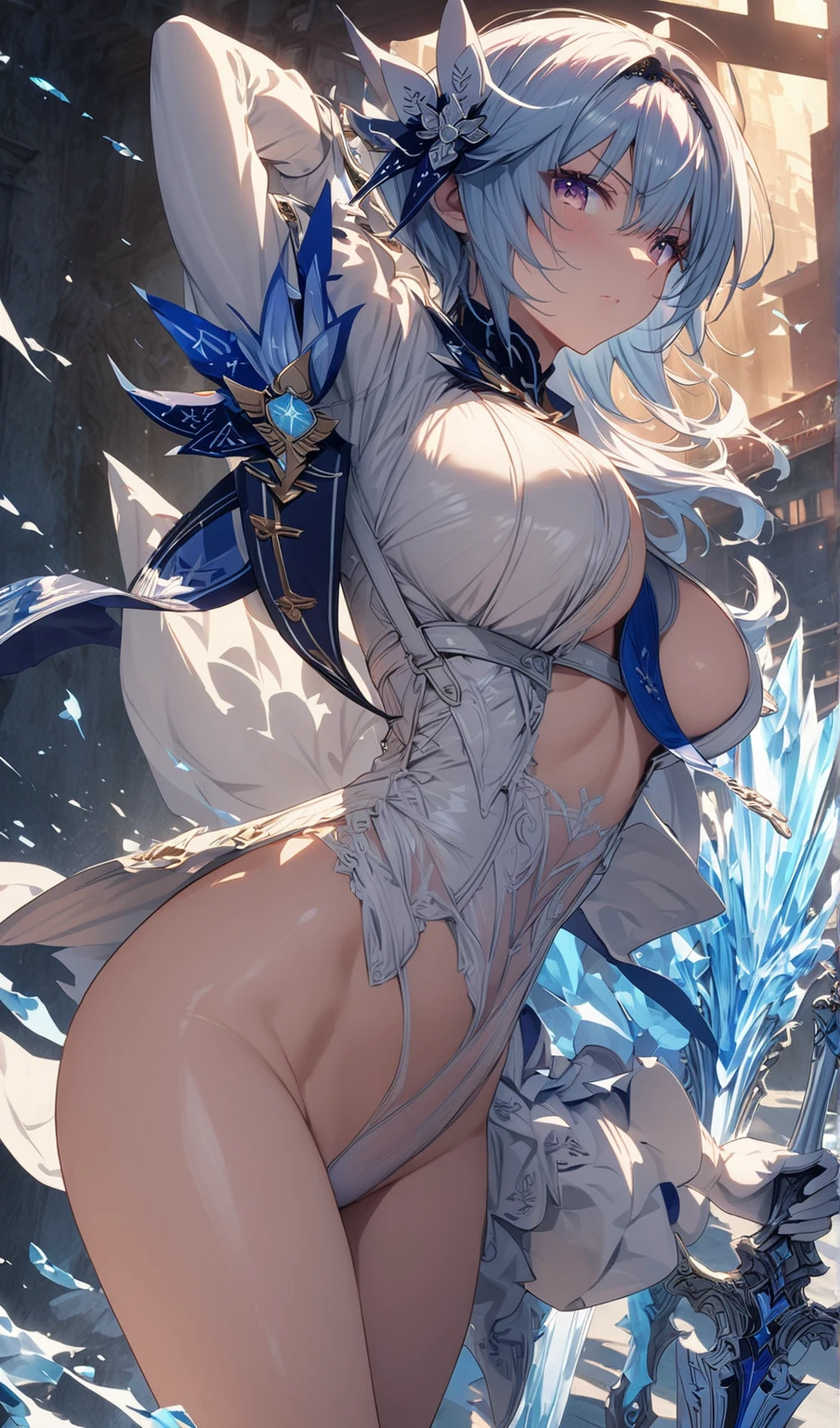 (best quality, masterpiece, colorful, dynamic angle, view from below, highest detailed) upper body photo, (elsa from frozen), nude photography of cute white long hair girl (Stunning mature woman), ((massive gigantic breasts)), undressing high detailed Frozen white suit (high resolution textures), in dynamic pose, bokeh, open pubic area, vagina, pussy, perky nipples, (intricate details, hyperdetailed:1.15), detailed, sunlight passing through hair, epic ice storm background, (official art, extreme detailed, highest detailed),