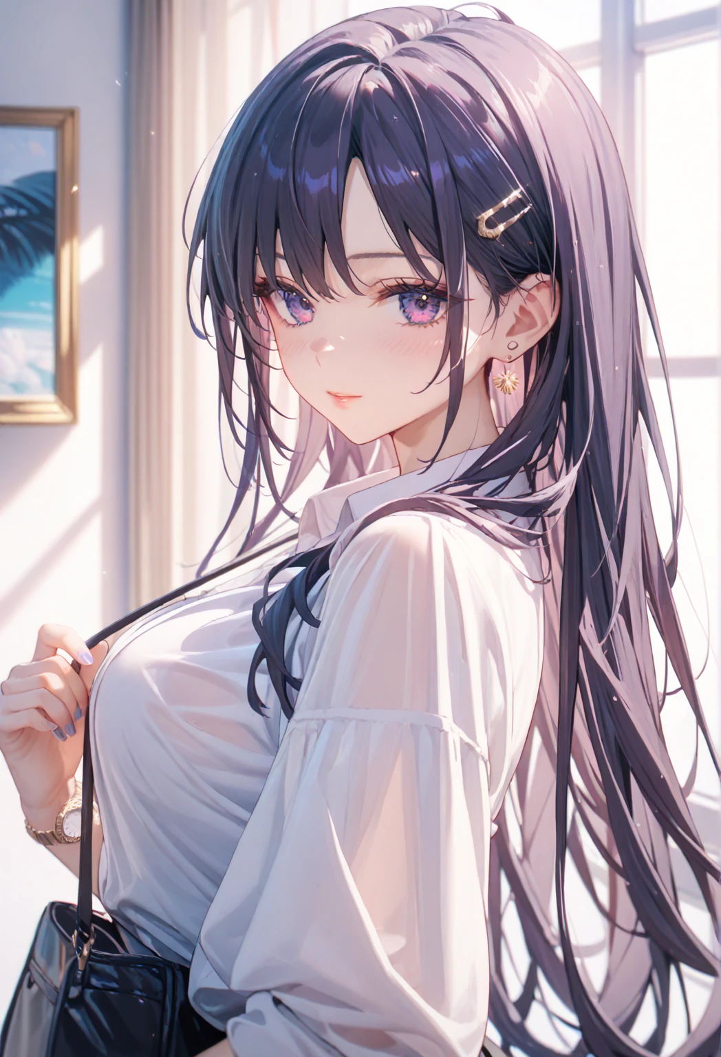 best resolution, scenery seen from afar, ultra epic details, cozy dark room, cute girl, sitting not sofa, playing video game, (looking at the tv) ,hair blue, shorth hair, Stockings, short, (white loose blouse), dimly lit bedroom, shunlight, Face ultra detailed, beautiful eyes, nice mouth, fine nose, cute face, (expression of boredom)