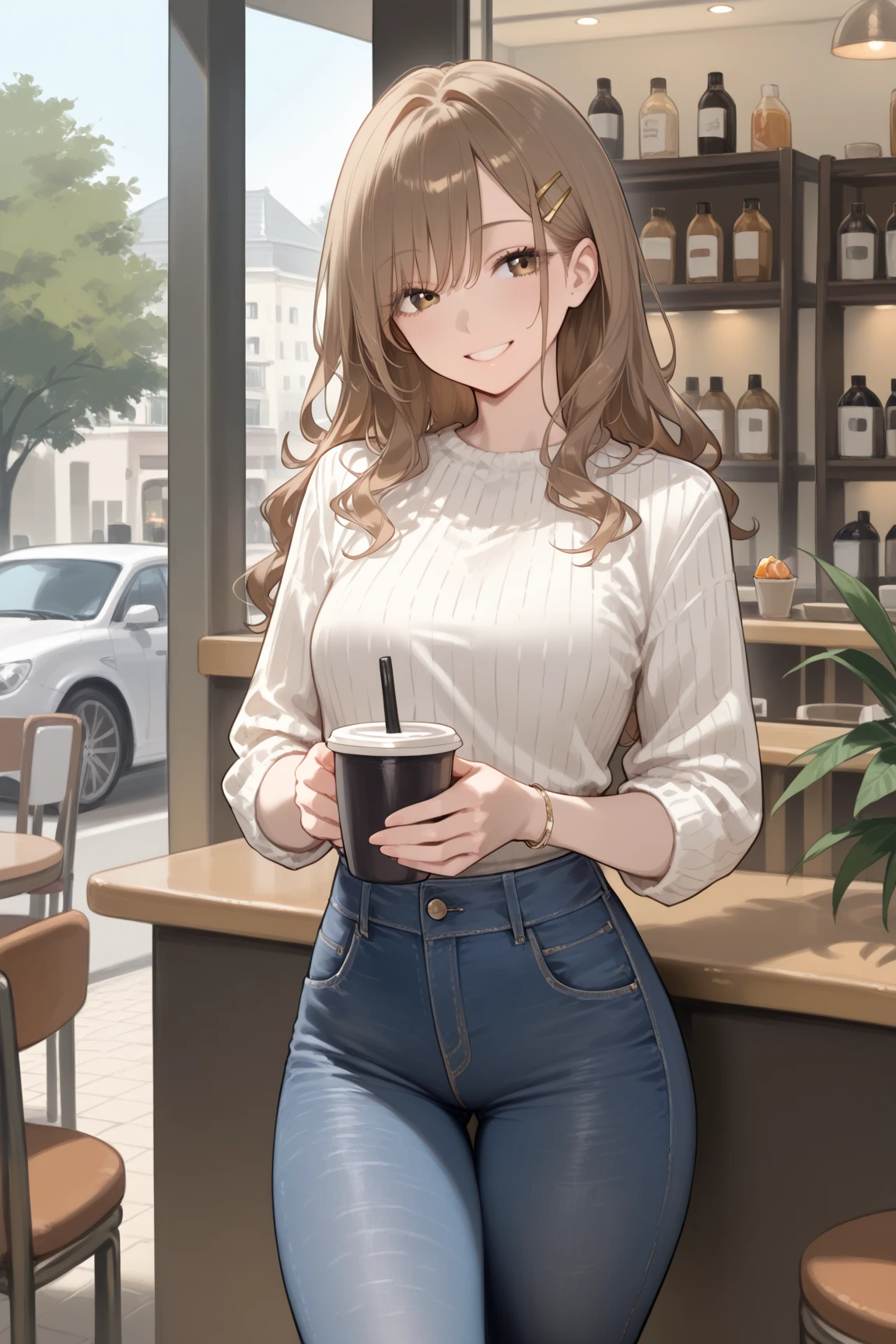 Brown Hair、Touching the chest、White shirt、Town、Shorts、laughing、20-year-old、Cafe、Big Breasts、drink、sunglasses、Outdoor、Parasol