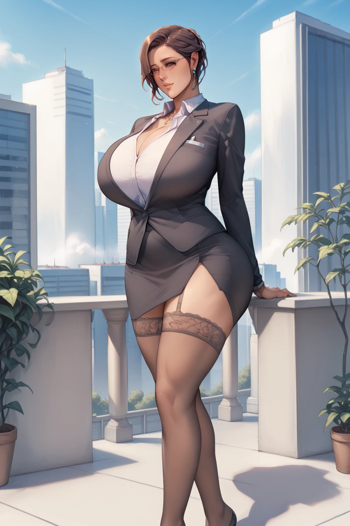 (best quality:1.5, highres, UHD, 4K, detailed lighting, shaders), black afro haired, gradient hair, large breasts, suit, black shirt, black social shirt, black short skirt, mature woman , (pov), white background, colorful eyeshadow, dramatic lighting, sparkling eyes, sensual expression, golden earrings, flowing hair, delicate facial features, soft skinned, high cheekbones, urban setting, white background, dont look for the camera, lean forward, full body