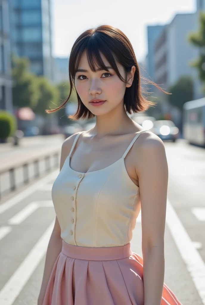 1girl, (Best quality, masterpiece, ultra high res, (photorealistic:1.4),highly detailed,professional lighting smile, pretty girl, beautiful smile), virtual YouTube, detailed skin texture, detailed cloth texture,white blouse with violet tie tower and beautiful mini skirt, beautifully detailed face, collarbone,in Tokyo, walking downtown fast food market ,Night(Electric lights),Full body view.