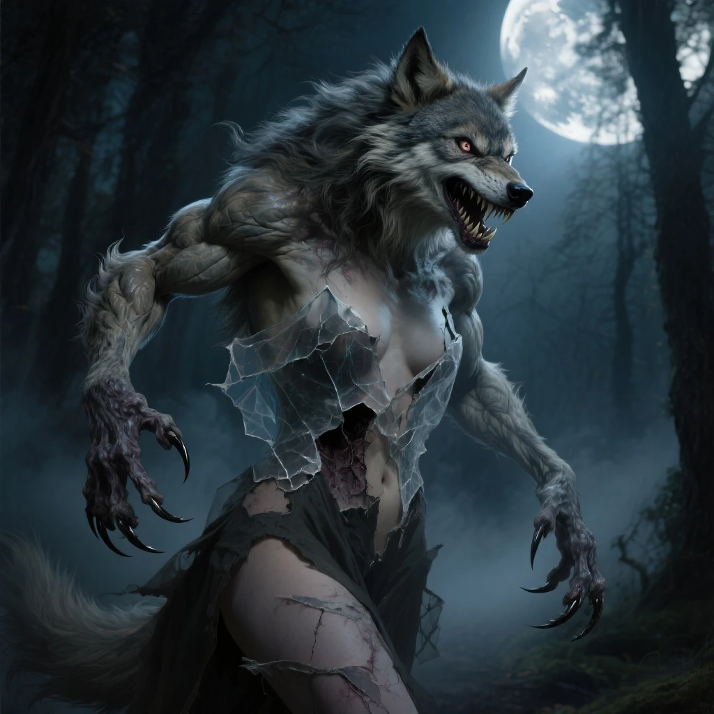 Wolf face, (full moon), woman transformation into (werewolf), torn skin, wolf face, screams, horror, highly detailed digital art, art station, amazing detail (cinematic lighting), drama, darkness, clear focus, very dark lighting, heavy shadows, detailed face (semi-realistic: 1.6), dynamic camera angle (horror), (dark fantasy), split t-bleeding (better lighting), (ultra-complex parts)), (overdetail)), (overdetail)),, Skimpy torn clothes in Ultra-HD format