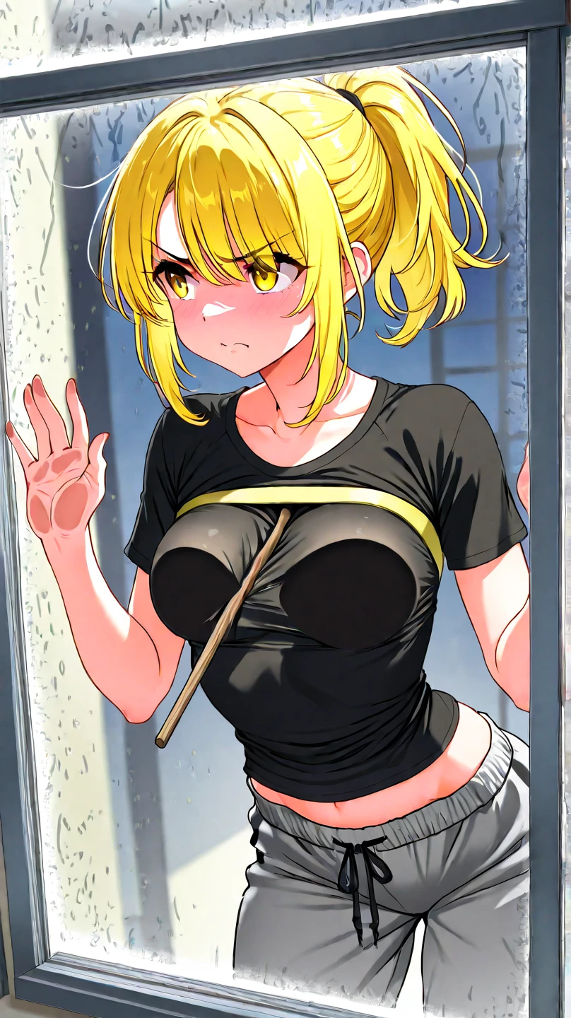 ((masterpiece, highest quality:1.2)),in perspective,nsfw,cowboy shot,1woman,20 year old beauty、solo,bob hair,orange hair,very small head,blush,slender body,(tan skin),skinny,medium breasts,oily skin,shiny skin,tears,Frightened expression,sweat,topless,nipples,navel、black leather micro shorts,Both wrists are bound with chains、arms up,standing,spread legs,prison、Concrete wall、Fantasy World,