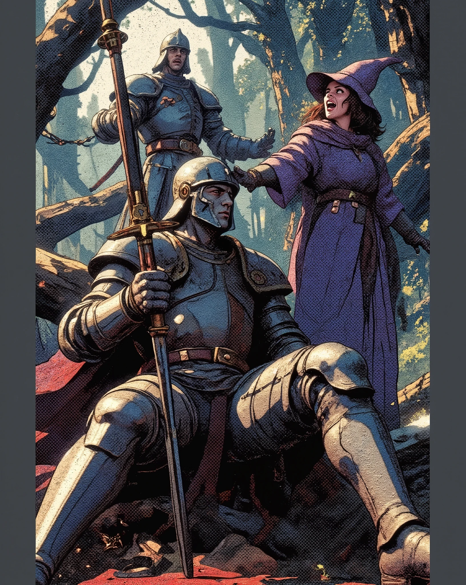 Semi-realistic 3D comic book style, dynamic angles, and stylized shading. Inspired by concept art and fantasy novels. a knight under mind control by a beautiful witch. Another knight in the background screaming at the knight to break free and come to his senses. emotional scene with lots of expressions. setting in a enchanted forest. highly detailed HD image in low wide angle shot to capture the entire scene and background from distance