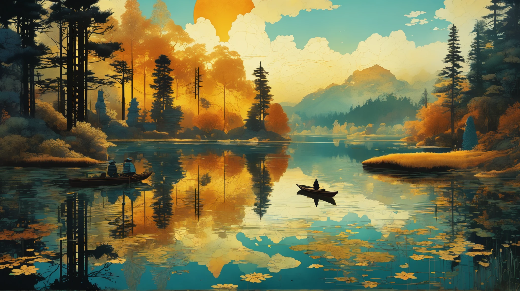Reflections in a lake. highly detailed, intricate motifs, watercolor and golden ink. Beautiful shades of complementary colors. By Yoshikata Amano, Andy Kehoe, Ismail Inceoglu, Victo Ngai. Chiaroscuro. hyperdetailed 8K resolution, perfect quality