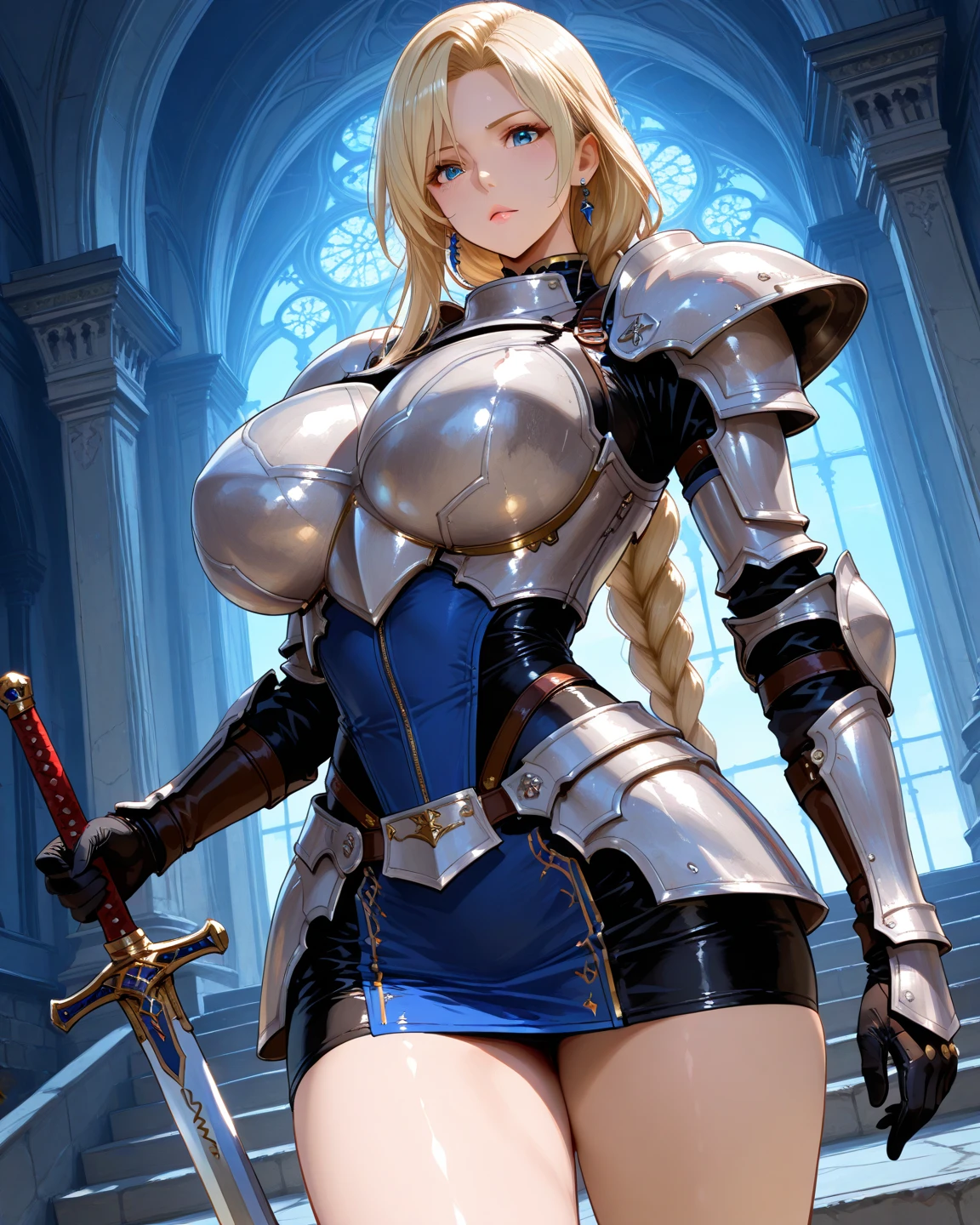 Adult woman, short blonde hair, high ponytail, cat ears, blue eyes, leather armor, open belly, smirk, rage, sword, masterpiece, high quality