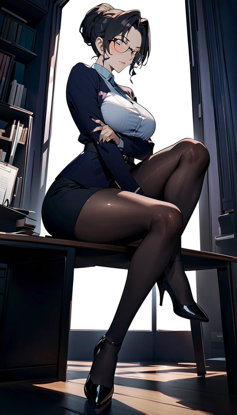 ((super high quality,))((Ultra-high resolution,))(16K,)(super masterpiece,)((Ultra HD ,))(Detailed shading,)Full body photo,Three sexy mothers,Sit side by side on the bed,Office Lady,((popped Tight collar White shirts,))Unbutton the third button,Black tight skirt,Glasses,blush,Ahegao,smile,Sweaty,Love juice running down her thighs,
