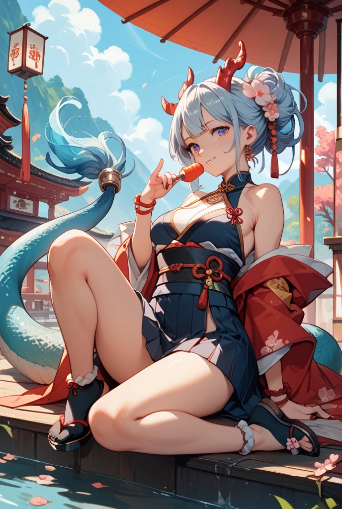 Two dimensions，cute，cool，deer ears，活泼cute，The eyes are blue-purple，Snake staff in hand，hair purple，The atmosphere is mysterious，8k，masterpiece，Background seaside，lighthouse，waves，一个cute的???，Buyi女孩，minority，Buyi，衣着Buyi，穿着Buyi的女孩，Wearing mysterious glasses，full-body shot，手上拿着一只红色cute的龙，Chinese dragon，Not wearing sexy and revealing clothes，Wear conservative clothes，One eye is blue，One eye is purple，The mouth is a little bigger，hair falling to legs，Use silk as a weapon，There is a red dragon on the hand，There is an animal dragon on the left hand，There are cat paw prints on the face，No sexy clothes