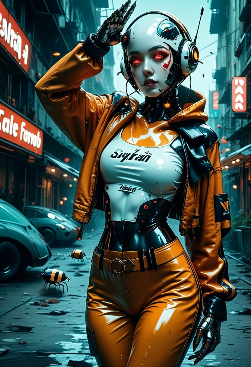 1girl,solo,colorful,yellow eyes,cyberpunk,city,peace sign,earrings,purple hair,eye patche,freckles,prothesis,mechanic,neon,beautiful lighting,purple reflection,cap,smoking,character focus,cg illustration,bust shot,yellow and black outfit,black hair,