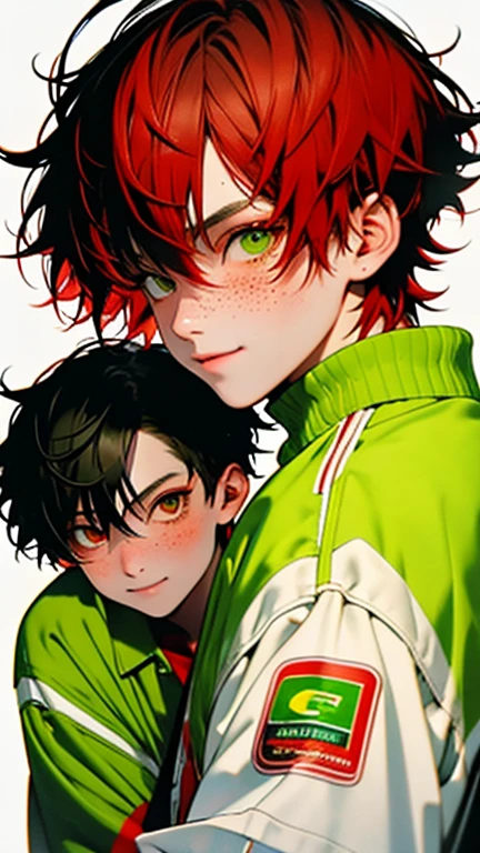 (14歳のjuvenile一人:1.2),(male face details:1.2),Eye details,cute,View your viewers, face,Description Empty,good looking,young,juvenile,((masterpiece:1.4,Highest quality)),Multiple details, eye shadow,SFW, Full Shot, Green Valley,
(beginning), (Original Costume), (scar,scar ON FOREHEAD, Checkered clothing, One boy, Redhead),Green and black clothes, High resolution, Ultra-detailed characters,