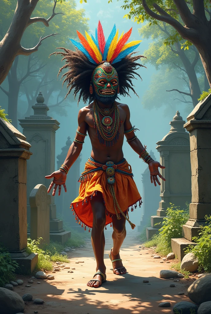 Aztec child boy with tattoos all over his body, cabelo ruivo e orelhas pontudas