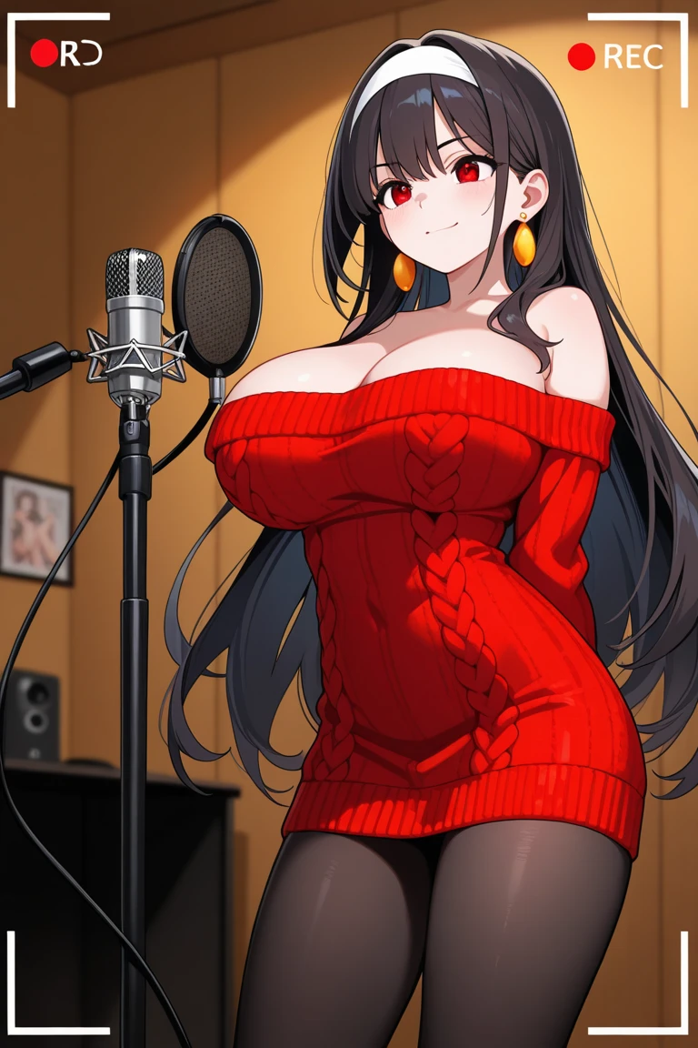 Highly detailed, High Quality, Masterpiece, beautiful, Girlfriend, 1girl, solo, full body, light smile, red dress, sitting, sitting on speaker