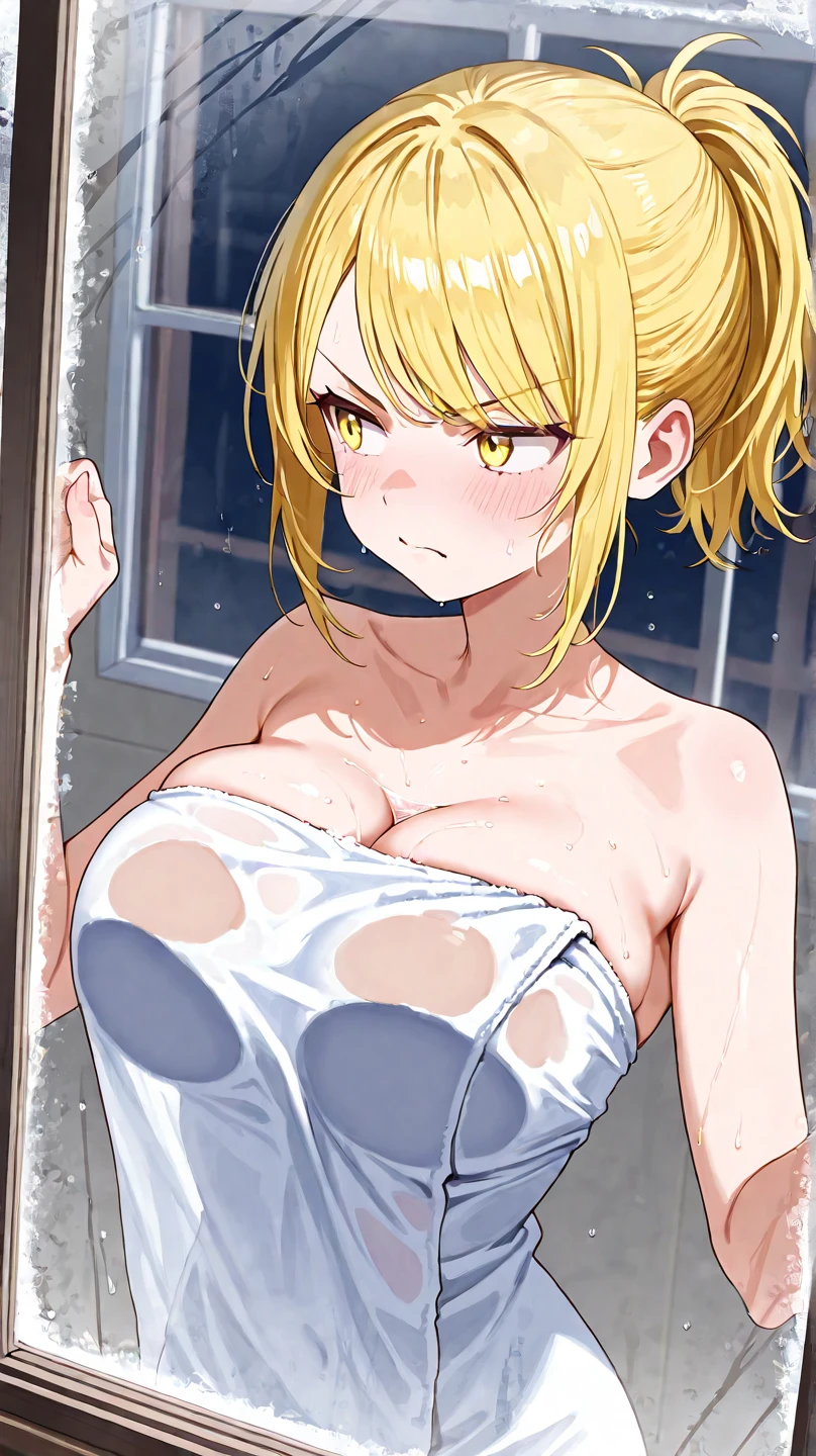 kurapika_hxh, blonde hair, grey eyes, short hair, bangs, hair between eyes, empty eyes , large breasts, nipple, , Peeing, lactation, projectile lactation, Sweets shop, frozen, wet, crying ,, Naked, , (1girl) ,solo