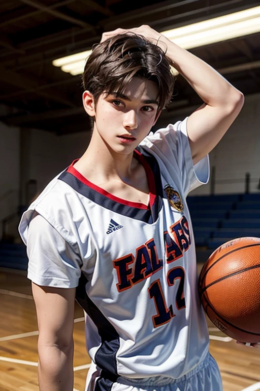 arafed young man sitting on a bench with a basketball ball, wearing basketball jersey, wearing a volleyball jersey, jinyoung shin, wearing nba jersey, male ulzzang, jung jaehyun, inspired by Zhang Han, wearing a school soccer uniform, south korean male, scence of slam dunk, thin young male, seseon yoon, kim doyoung