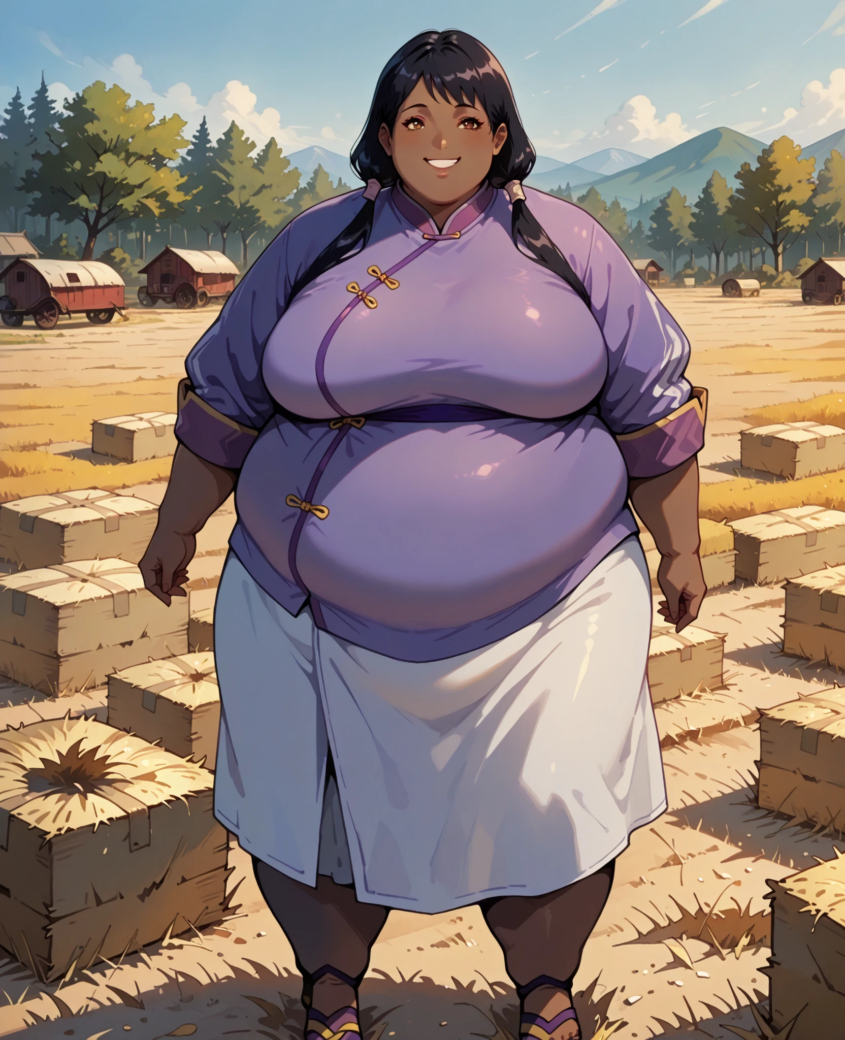masterpiece, best quality, high resolution,1girl, solo, hay lin, purple cheongsam, purple jacket, large breasts, long hair, twin tails, black hair, brown eyes, dark skin, smiling, outdoors, wasteland, full body, cowboy shot