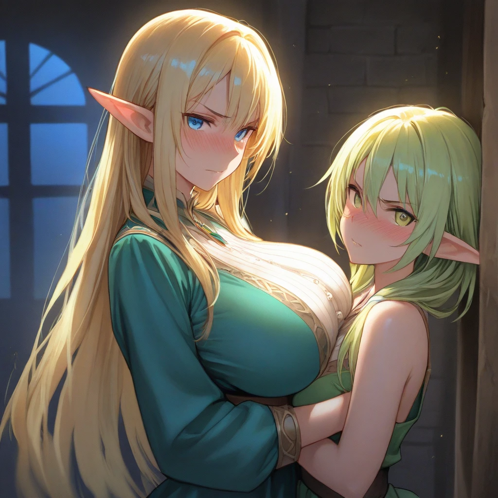 最high quality, 8k, High resolution, high quality, masterpiece, beautiful, (Anatomically correct:1.2), 40s, A beautiful woman, Silky pale blonde, Braided Hair, Bangs that expose the forehead, 、Light blue eyes, Beautiful Skin, Attractive person, Married Woman, Elf, Soft, swaying huge breasts, Short and plump, Green Dress, Bodycon Dress, beautiful湖の背景, Model Pose, looking away, (steam), Three women standing side by side,