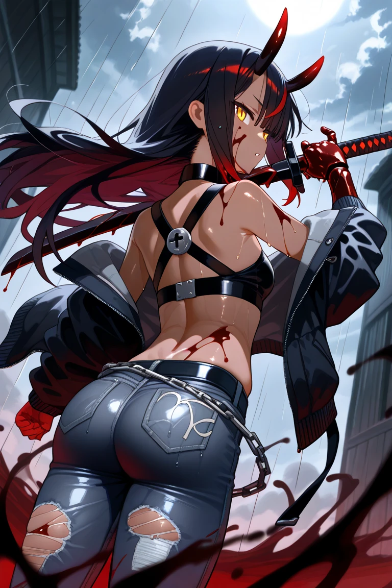 A girl killing a man , she stab man stomach with knife, blood everywhere
