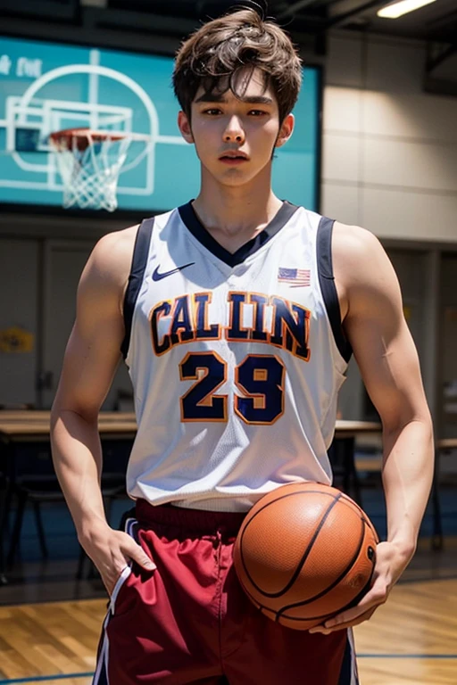 Handsome young basketball player and sleeve on left arm photo with game uniform