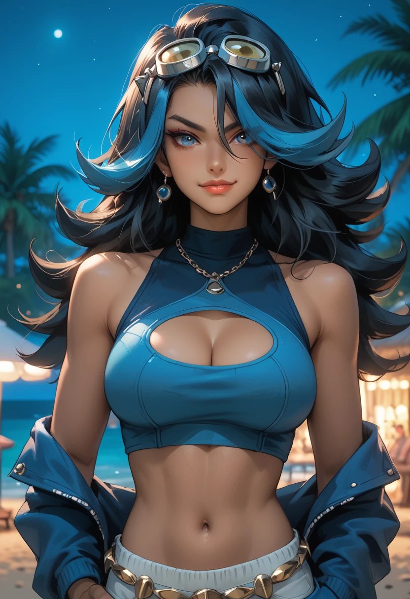 A beautiful elf with blue skin and with striking purple eyes, her right eye covered with a black patch, her hair is blue-grey, tide up in a high ponytail, wearing a black crop top that reveals her midriff, striking an action pose, (best quality,4k,8k,highres,masterpiece:1.2),ultra-detailed,(realistic,photorealistic,photo-realistic:1.37),detailed face and features, dynamic pose, high quality digital art, fantasy character, dramatic lighting, vibrant colors.