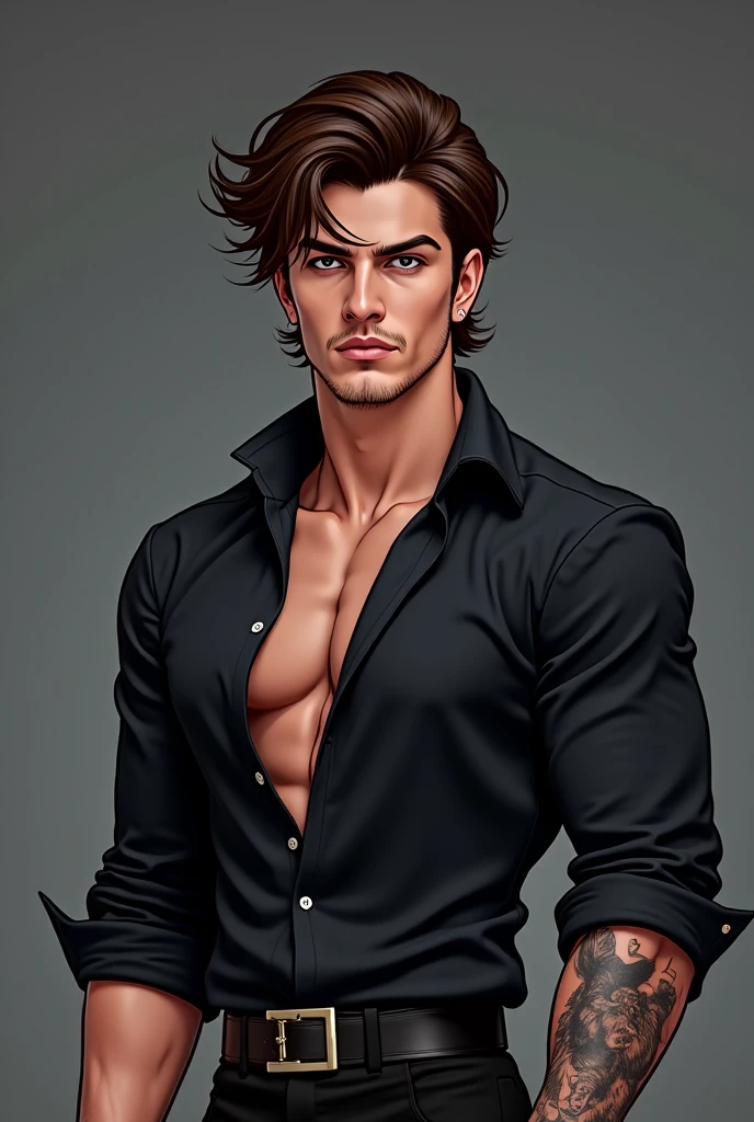 A tall, muscular young man in a t-shirt, her skin is brown, with wavy black hair and blue eyes