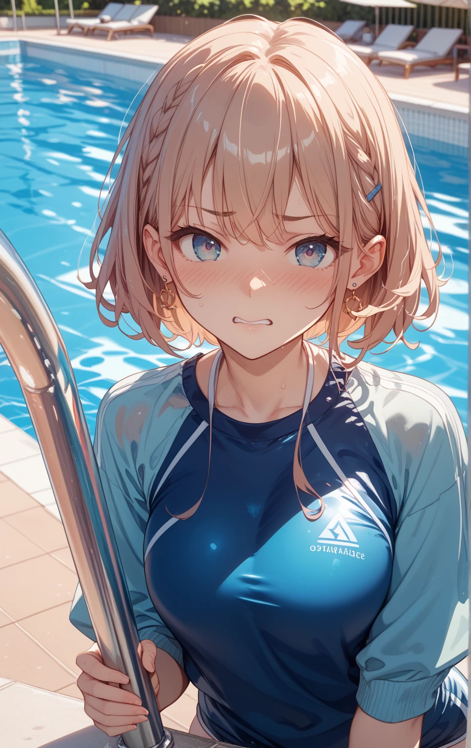 short ponytail,Short Hair,
BREAK ((((School swimsuit)):1.5))
BREAK One girl , Biting your lip、,、all four,On all fours、Show your forehead、tears:1.2、glare、From above:1.4、spoken heart、Bad mood、Looking up,sulk,
Real Summer,Daytime,sunny、Upper Body:1.2,、Slender body,Destroy outdoors, School,Pool,looking at viewer,On all foursになって,From above: Change the angle,
BREAK (masterpiece:1.2), best quality, high resolution, unity 8k wallpaper, (illustration:0.8), (beautiful detailed eyes:1.6), extremely detailed face, perfect lighting, extremely detailed CG, (perfect hands, perfect anatomy),