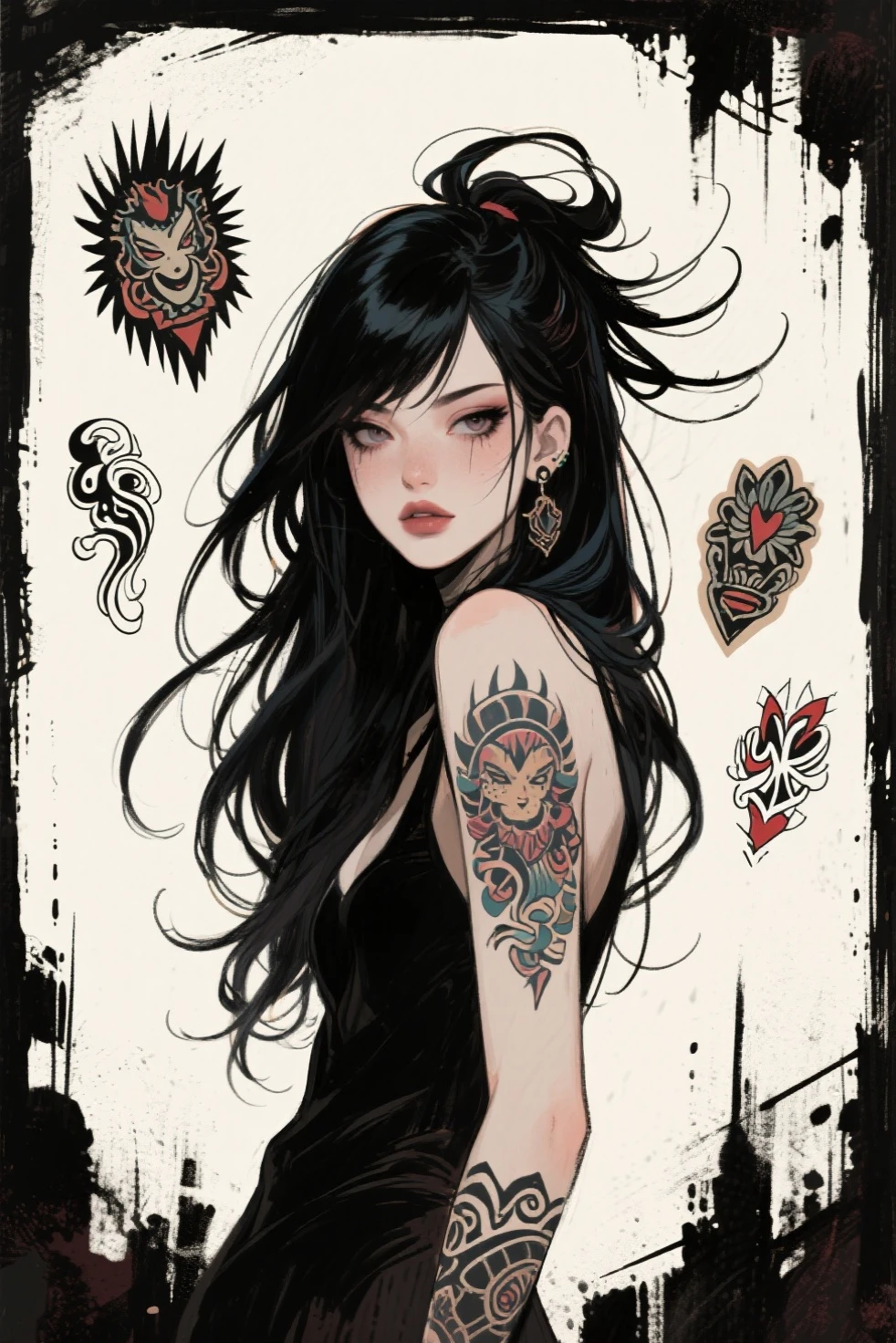 cool beauty, hair set, tattoo flash art, grunge art, illustration style
