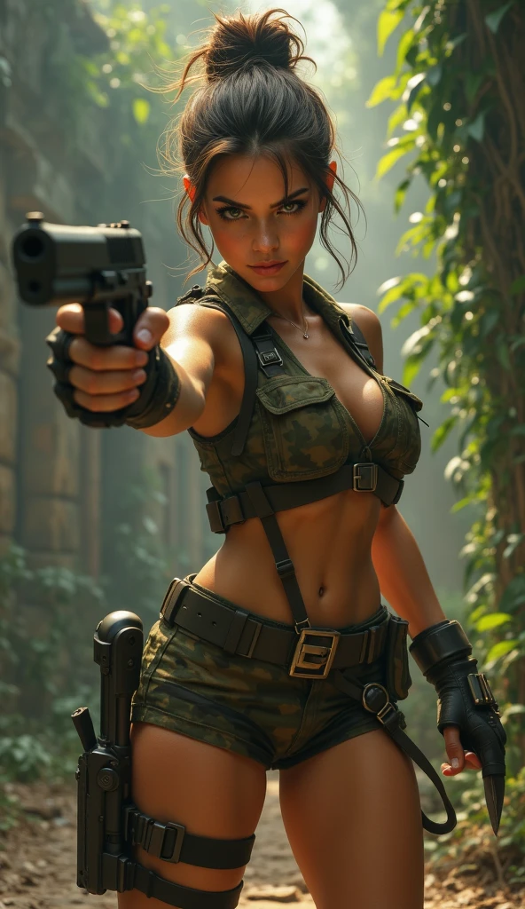 1girl, alone, (Lara Croft), Digital art, Jennifer Love Hewitt as Lara Croft, Tanktop,booty shorts, in the jungle, cleavage, midriff, Detailed clothes, masterpiece, symmetrical, excited face, big breasts, medium thigh medium waist, wide hips, Jungle, rain forest, jungle adventure, front View, Bokeh, 4K Masterpiece, HDR
