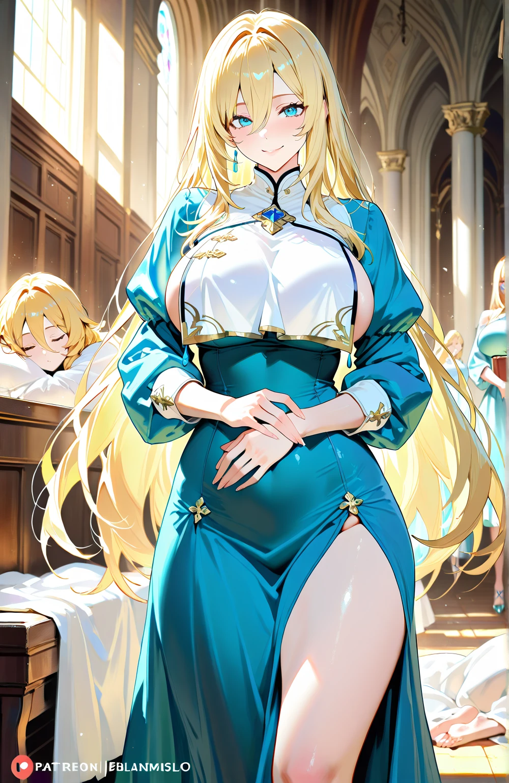 a woman in a sophisticated blue dress in a large medieval castle, hair blond, blue eyes.