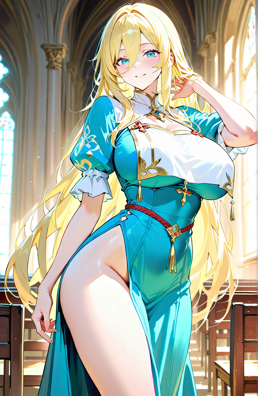 1girl, bare shoulders, blonde hair, blush, breasts, circlet, cleavage, closed mouth, dress, elf, green eyes, head wreath, huge breasts, laurel crown, long hair, looking at viewer, o-ring, o-ring top, pointy ears, simple background, solo, upper body, white background, white dress,celestine lucullus,realisic,(shiny skin),(masterpiece:1.4),(best quality:1.4)