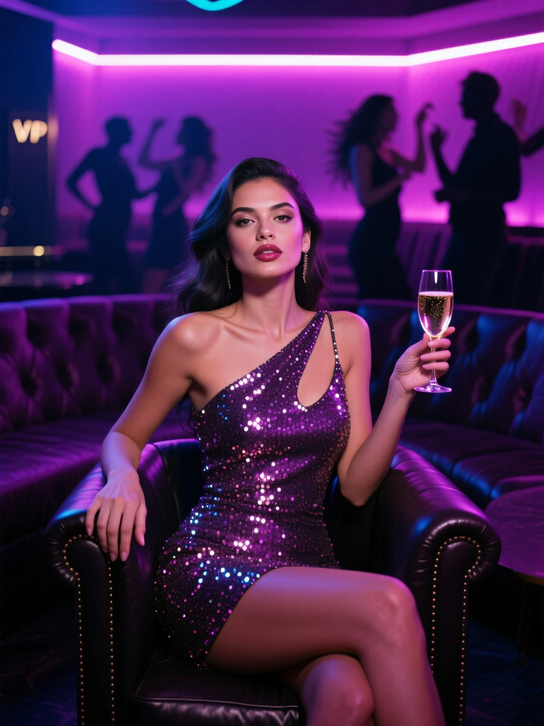 In a big party, purple party dress, amazing beauty, hot and charming, charming, sitting in a chair, holding a glass of champagne, purple dress, hot, cold look,