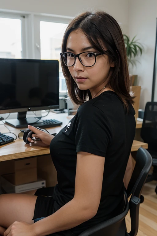malay girl with fair skin, straight hair, black hair, brunette, beautiful young girl, with cute - fine - face, cute young woman, cute beautiful, girl next door innocent look, cute young girl, large breast, short sleeve , short arm sleeve, araffe woman in a greydress posing for a picture, next to computer, wearing glasses , holding glases