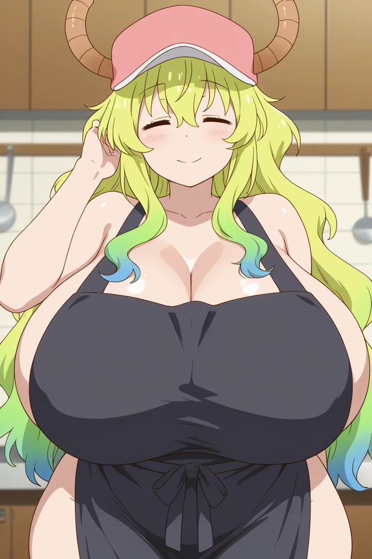 score_9, score_8_up, score_7_up, source_anime,masterpiece,best quality,highres,absurdres,official art,official style,source_anime,anime screencap,anime coloring,megami magazine,anime,animated,explicit, shiny skin,large breasts,lucoa (maidragon), multicolored hair, blonde hair, green hair, gradient hair,dragon girl, horns, ((huge breasts)), ((huge breasts)), ((huge belly)), ((very drunk)), ((staggers)), ((agitated)), cleavage, tank top,