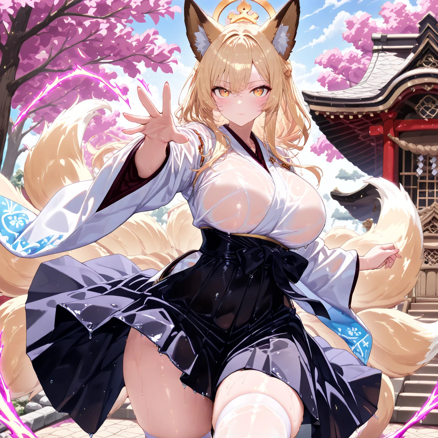 (masterpiece),(best quality),(ultra-detailed),(very aesthetic),nsfw,BREAK,solo,1girl,30 years old,curvy,large breasts,tall,stout build,(toned:0.7),bewitching,(fox tail),blonde fox ears,short hair,blonde hair,beautiful face,(brown eyes),(messy hair),disheveled hair,hair intakes,(fusion of dark green gradient flower print kimono and pelvic curtain:1.2),(loose chest:0.5),clenching teeth,serious,sentimental emotion,incoming attack,assaulting,katana,slahing the katana down at high speed,The trajectory of the katana as it was swung down glows purple aura,tabi,bandaged hand,(japanese shrin,plaza),(scar on cheek,scar on breasts:1.2),cowboy shot