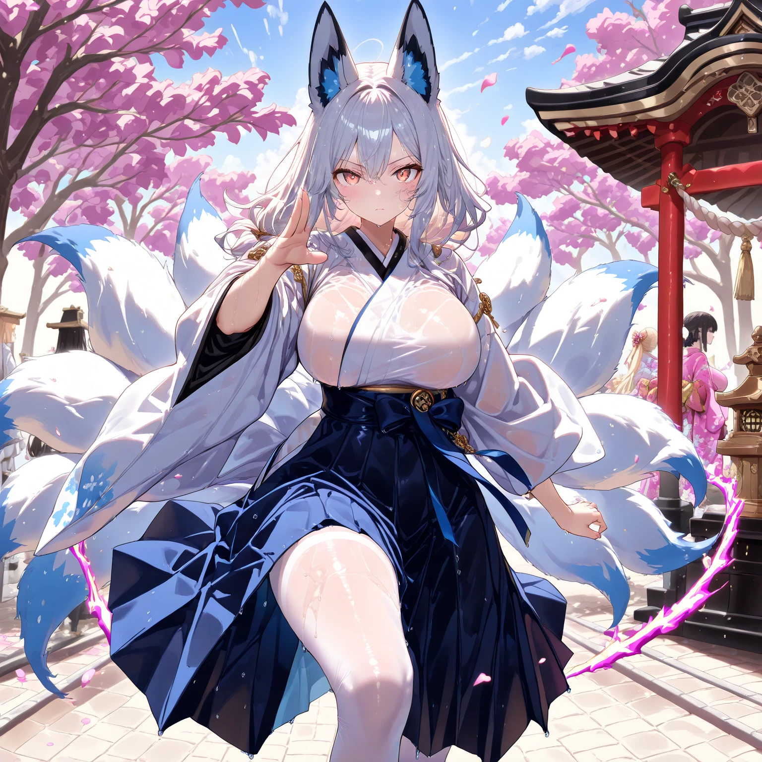 there is a woman in a costume that is posing for a picture, with kitsune mask, nekomimi, japanese maid cafe, full body with costume, live2d virtual youtuber model, the robot wearing her human mask, by Shinoda Toko, chiho, asuka, hololive, Beast, anime character; full body art