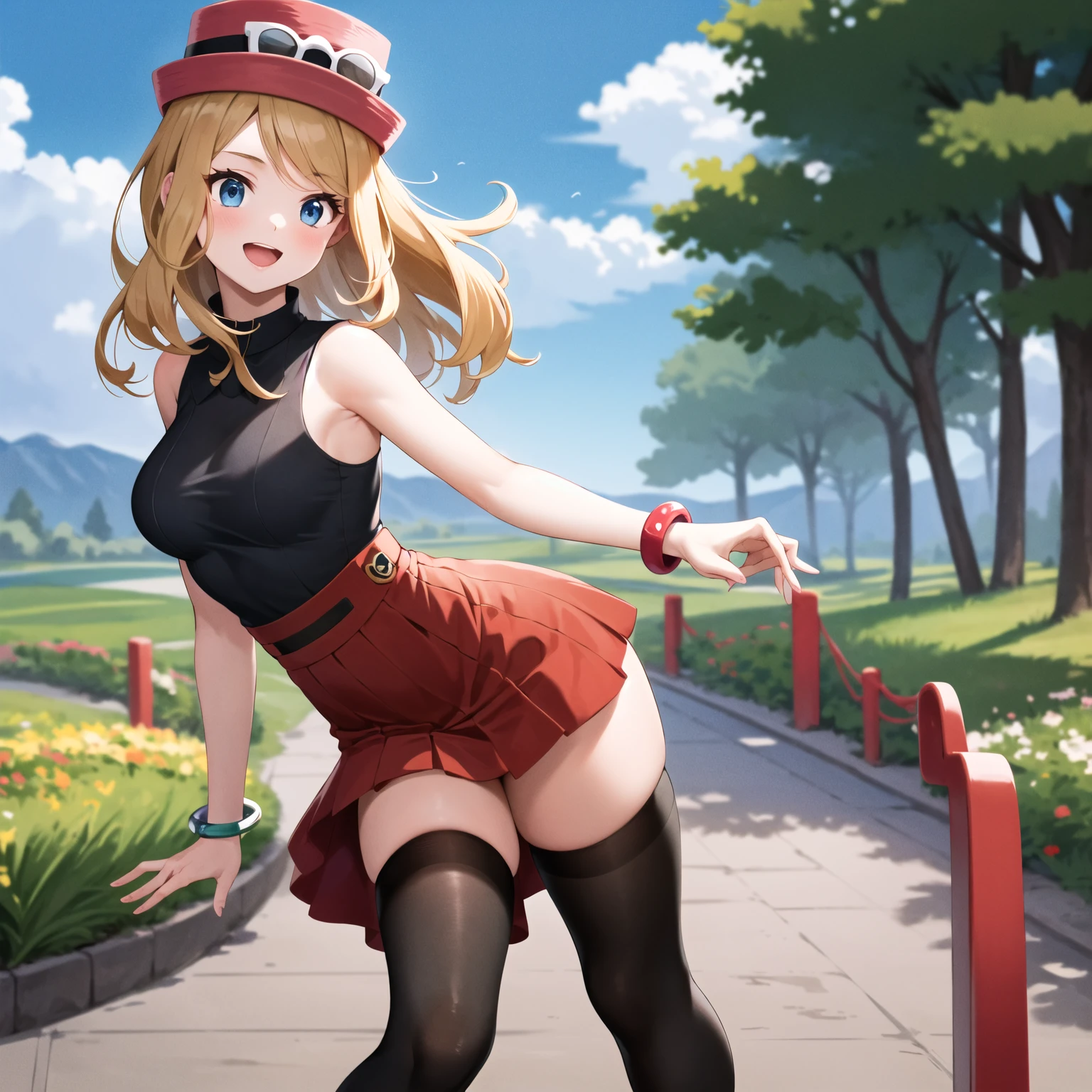 masterpiece, best quality, highres, blue eyes, serene \(pokemon\), 1girl, solo, thighs, long hair, hat, jewelry, bracelet, black thighs, collared shirt, pleated skirt, red skirt, sleeveless, high waist skirt, sleeveless shirt, eyelashes, pink hat, black shirt, glasses on head, upper body, field, smile, closed mouth, kneeling, buttocks touching her heels, From behind position, Looking over the shoulder, Skirt raised, Showing underwear, Panties, Tight panties, Red panties, blush, On grass. With his back to the viewer. Semen, in the panties, on the back, dripping from his groin.