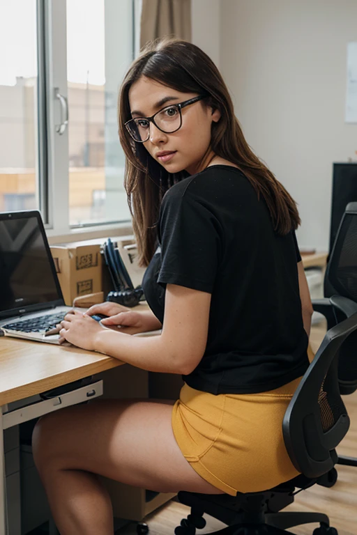 Mujer ejecutiva esperando a su cliente, mujer con gafas negras en un lugar con luz natural del exterior de su oficina.