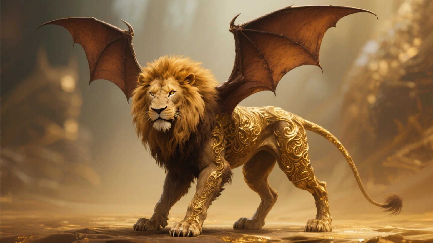 a majestic manticore, powerful lion body, bat wings, scorpion tail, proud intimidating pose, golden eyes, white and gold fur, detailed intricate design, cinematic dramatic lighting, hyper realistic, 8k, masterpiece, fantasy art