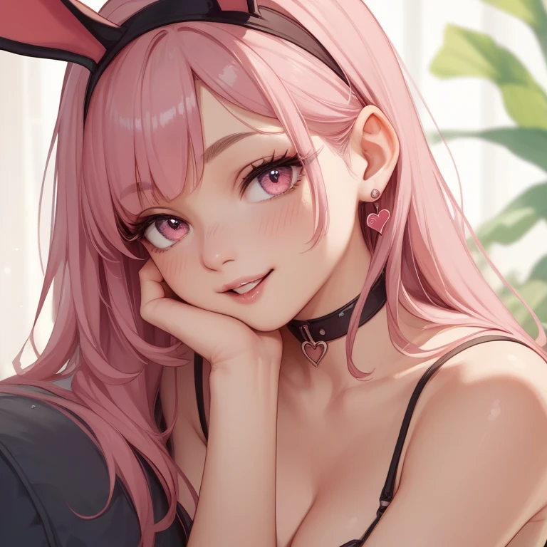 1 girl, pink long hair, heart shaped eyes,Bunny ears, {Pink semi-long hair girl、 The name Nami}, (Pink eye color), {night、Night's bedroom、dark、electricity、bed、pajamas}, (smile) , mole under eye, heart shaped choker, (masterpiece, highest quality), very detailed, highest quality, official art, beautiful and aesthetic: 1.2), (1 girl), very detailed, (geometry art: 1.3), colorful, most detailed ?d1 girl, Pink semi-long hair, Eye of the symbol, {A girl with long pink bun hair The name Nami}, (Green eye color), (smile),mole under eye, heart shaped choker, (masterpiece, highest quality), official art, beautiful and aesthetic: 1.2), (1 girl), very detailed, (geometry art: 1.3), colorful