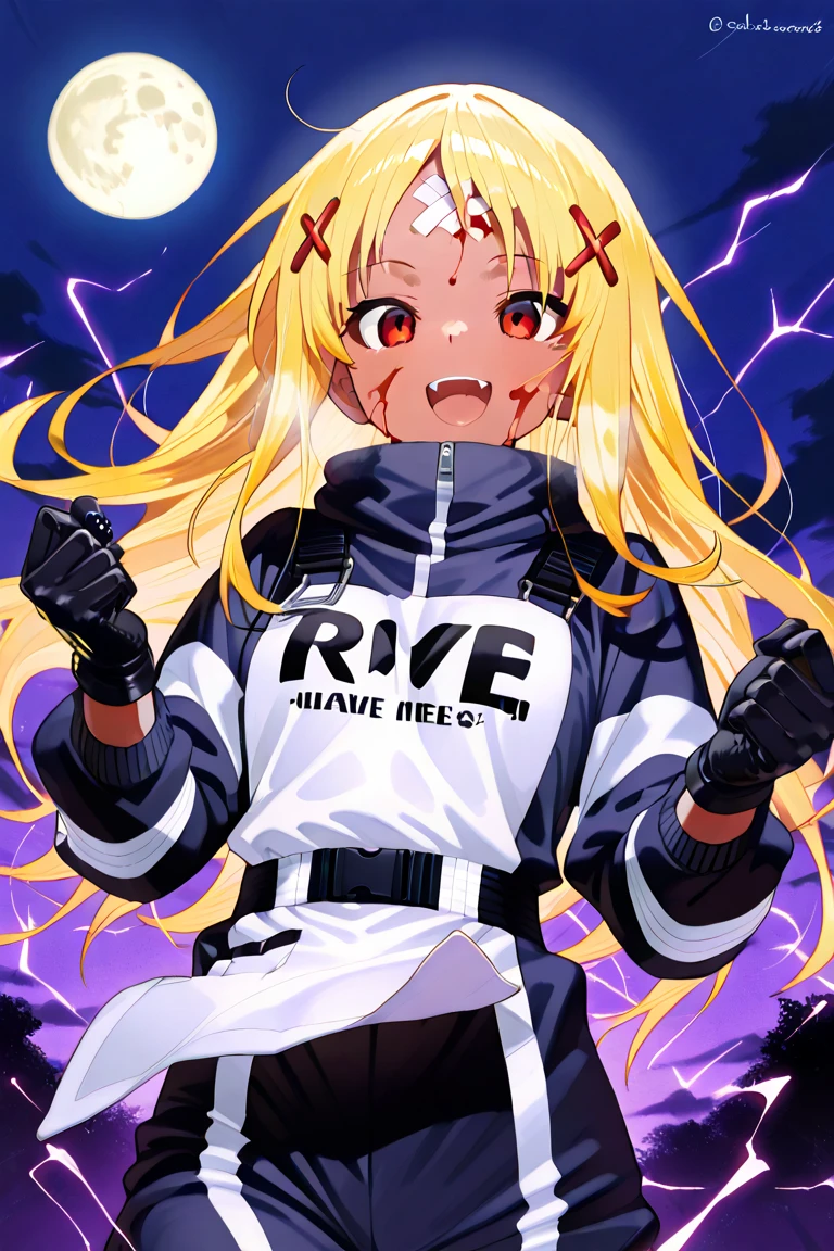 (absurdres, 8k, 4k, masterpiece, hyper extreme detailed:1.2), solo, 1girl, front view, perfect face, 1girl, portrait, expressive eyes, solo, standing, Female, toned body, mature female, medium breasts, pale, platinum blonde hair, dark blue eyes, swept bangs, athletic body, Shorts, purple ribbon, messy hair, smile, happy, heroic, perfect anatomy, wild hair, friendly, heroism, platinum blonde hair, facial scars, streetwear, graphic t-shirt, medium length hair, streetwear, swept bangs, muscular, toned body, abs, side bangs, right bangs, graphic t-shirt, blonde hair,  tape gag