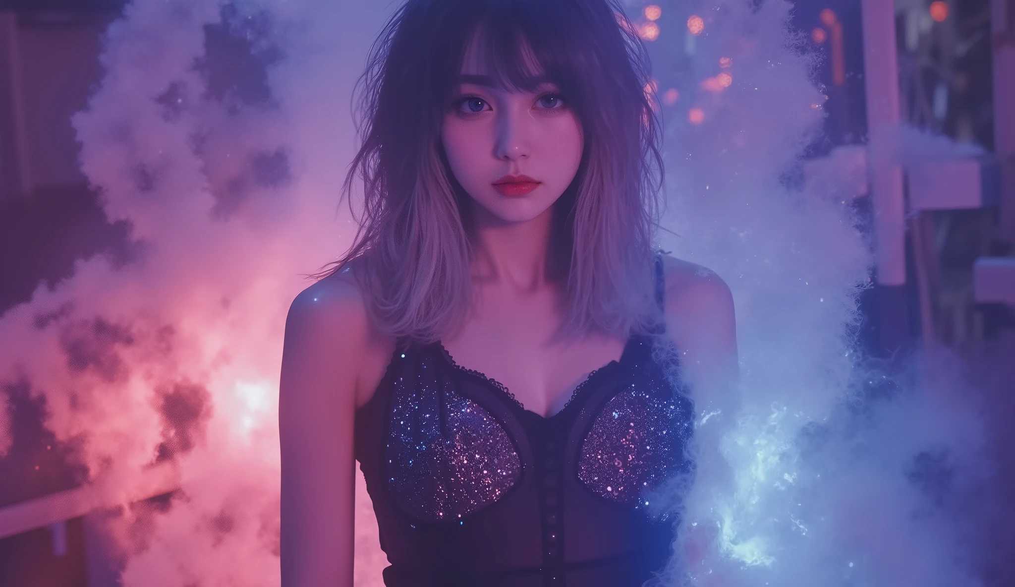 Top quality, 8k, masterpiece, ((straight hair:1.8, perfect center part, Show your entire forehead:1.8, rainbow-colored hair , white eyebrows, Perfectly Reproduce Your Full Body)), ((huge saggy breasts:1.8)), ((cool American comic style composition and pose:1.8)), (High Brightness, high chroma), (each flower creates iridescent reflections, Surreal Dimensions , Rainbow Sparkle Blizzard :1.8, Iridescent Flower Storm :1.8, when wearing a dress embroidered with、cracked rainbow、hazy fog、creates a texture reminiscent of rotten rainbow metal。. Around her 、The rainbow storm of Swarovski sparkles、with an open heart:1.8,), ((girl in a dress embroidered with Swarovski:1.8)), simple, ((Minimalism, Blank Space on the Girl's Left :1.8)), Rigid side and dark side background