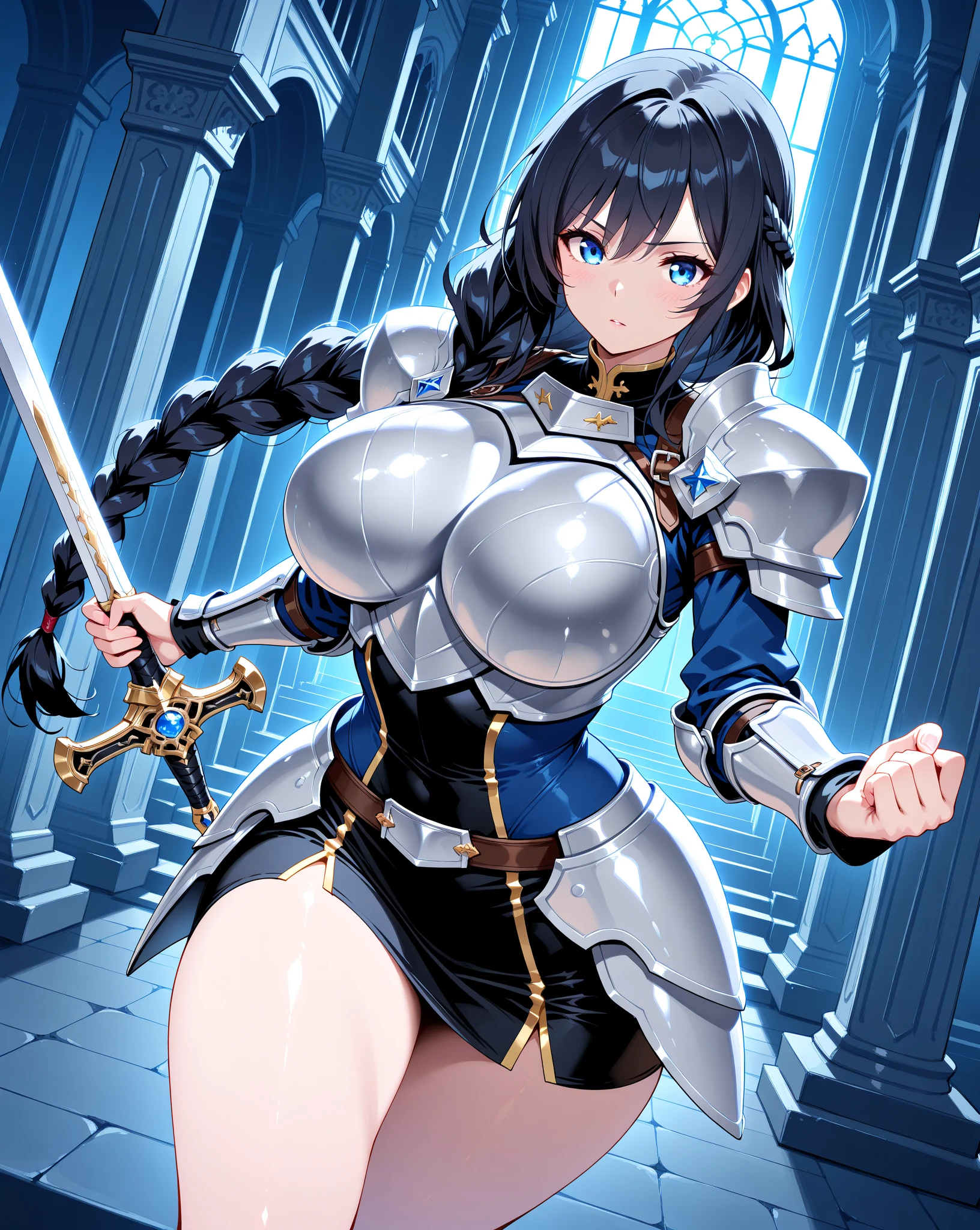 female knight Black Armor Torn white skirt Torn white tights No underwear Big Breasts Nipples Black Hair battlefield heavy rain Shortcuts In combat