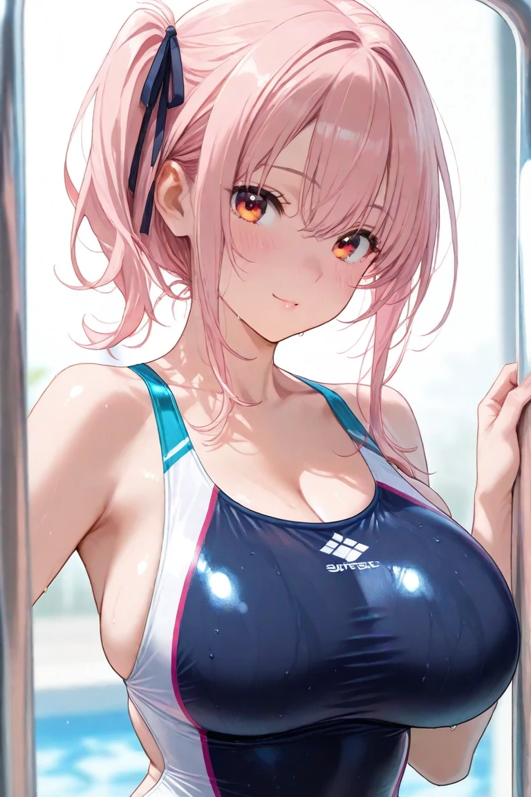 ((Highest quality, 8k, masterpiece :1.3)), (Sharp focus :1.2, Beautiful woman with perfect figure :1.4, Slim Abs :1.2), ((Big Breasts, Emphasize cleavage, The underboob is visible:1.3)), (Photorealistic:1.4), (realistic:1.4), (Pink Hair:1.5), Highly detailed face and skin texture, Fine grain, double eyelid. Makeup face, A little bit of lipstick, sex appeal, Sexy gravure pose, ((Pink tank top and denim hot pants。Poolside background、Night illumination。Casual accessories include necklaces。:1.3)