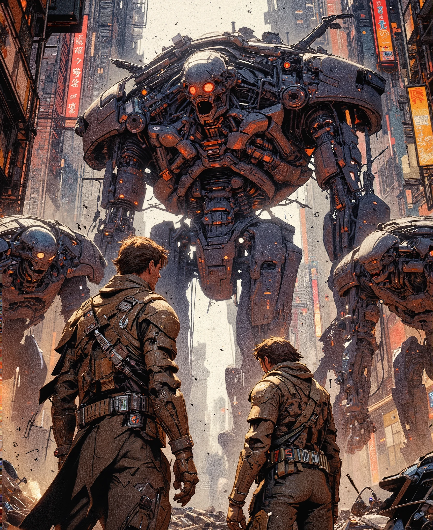 A semi-realistic digital painting with bold outlines, dynamic angles, and stylized shading, inspired by comic books and concept art. The scene is set in a war-torn futuristic city, with crumbling skyscrapers, smoke, and glowing neon lights in the background. Two men in makeshift high-tech armor are fighting off hordes of humanoid machines that resemble terminators—metallic, glowing red eyes, and battle-scarred bodies. The moment feels intense but stylized—heroic, emotional, and slightly over-the-top. Use dramatic lighting, motion effects, and expressive body language. wide angle shot from above. the men have their backs against the camera. the robots are getting closer.