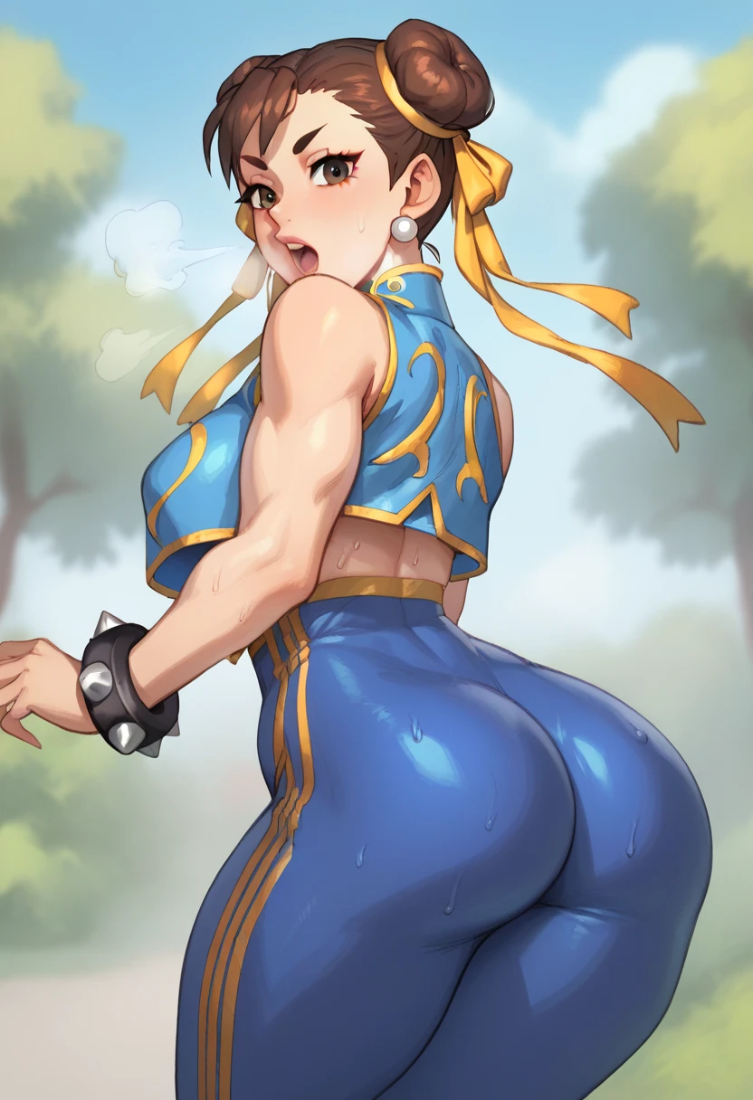 CHUN-LI, brown eyes, double bun, yellow ribbon, blue bodysuit, crop top, sleeveless, wide gigantic , from behind, ((gigantic bre underboobs, sideboobs, perky big puffy nipp ((loned nipples)), bieltoe, pips, squinting eyes, embarrassed