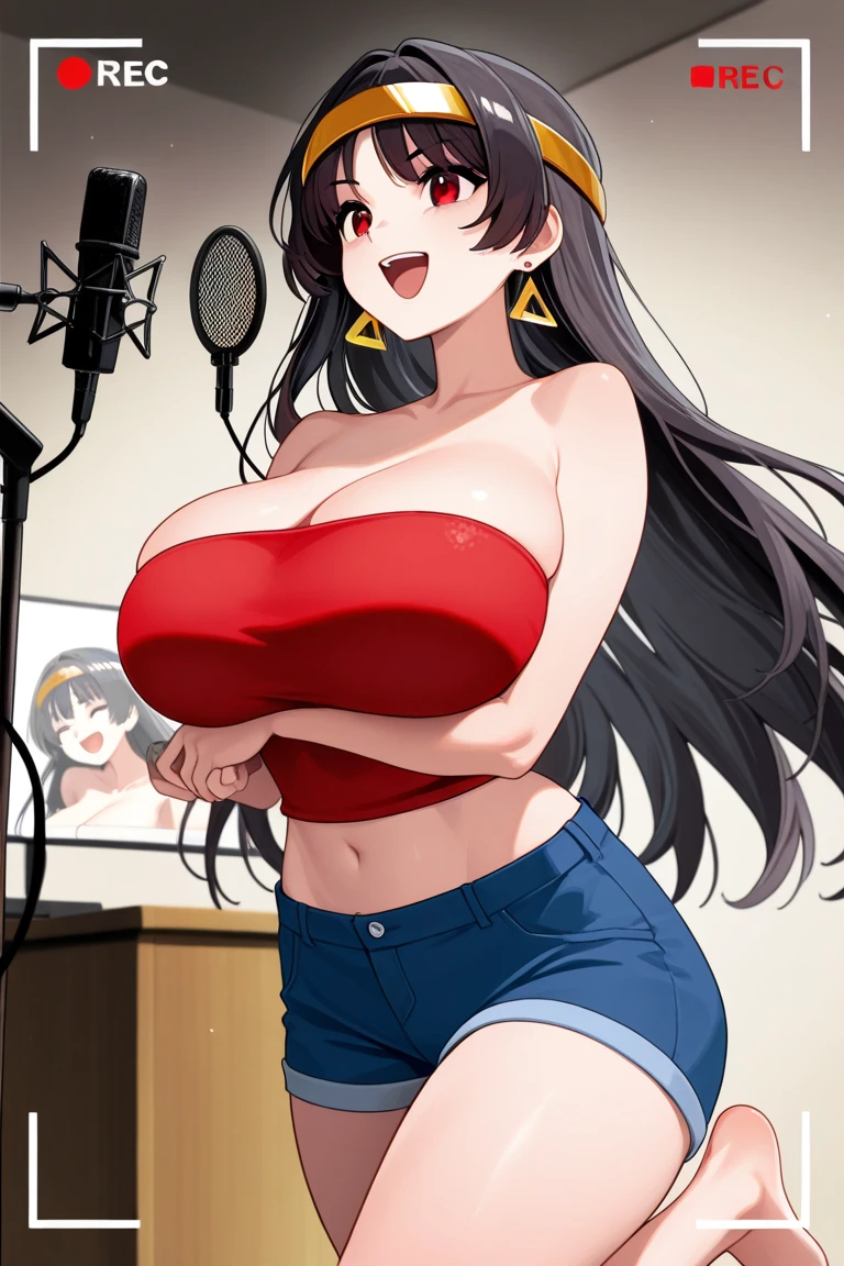 masterpiece, best quality, ultra high res, beautiful detailed hair detailed face, perfect feminine face, (((taihou))), azur lane, twintails hair, ahoge, black hair, hair ornament, (black tank top, jeans), ((sunglasses)), (gigantic breasts:1.1), sagging breasts, (((disk jockey))), dj table, night , huge cleavage, art by sakimichan, george kamitani, akira yasuda