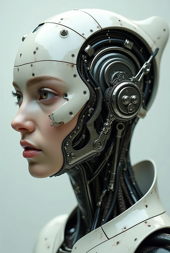 complex 3d render ultra detailed of a beautiful porcelain profile woman android face, looking at the camera、cyborg, robotic parts, 150 mm, beautiful studio soft light, rim light, vibrant details, Luxurious cyberpunk, lace, hyperrealistic, anatomical, facial muscles, cable electric wires, microchip, elegant, beautiful background, octane render, H. R. giger style, 8K, best quality, masterpiece, illustration, an extremely delicate and beautiful, extremely detailed ,CG ,unity ,wallpaper, (realistic, photo-realistic:1.37),Amazing, finely detail, masterpiece,best quality,official art, extremely detailed CG unity 8K wallpaper, absurdres, incredibly absurdres, robot, silver halmet, full body, sitting