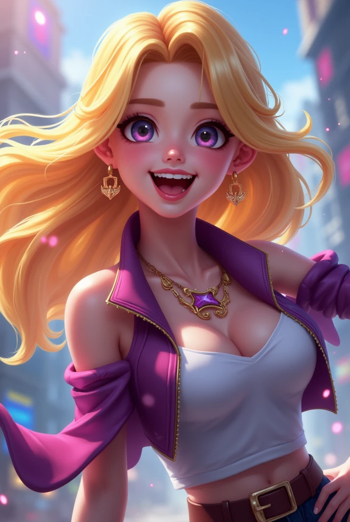 a young woman with long blonde hair, beautiful detailed eyes, beautiful detailed lips, extremely detailed face, long eyelashes, insane flirty look, wearing a crazy sexy outfit, holding an oversized carnival hammer, striking a cute power pose, full body shot, photorealistic, 8k, hyper detailed, cinematic lighting, vivid colors, comic book art style