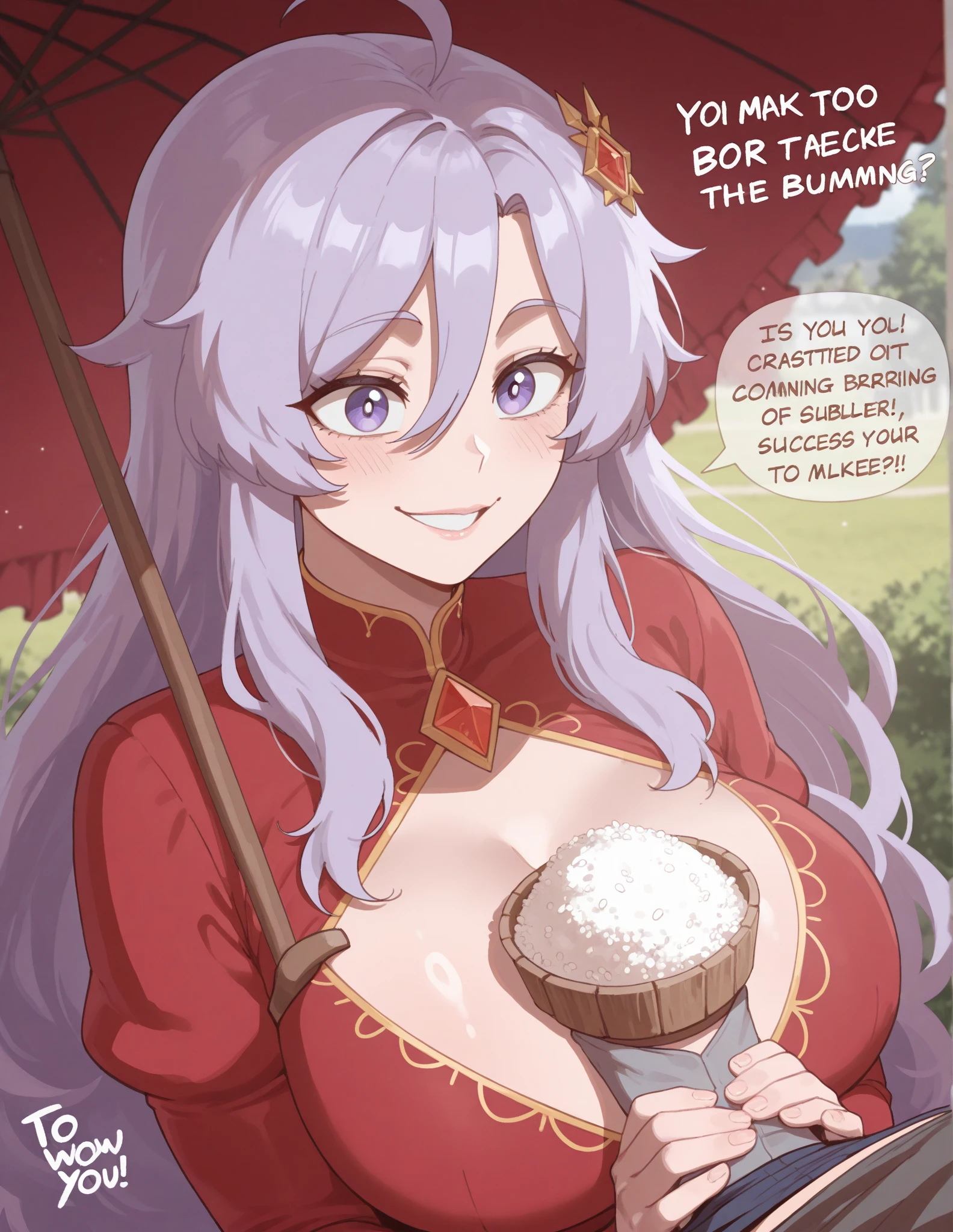 masterpiece, best quality, dqPom, red hood, purple hair, robe, upper body, holding staff, sky, garden, looking at viewer, slight smile, shy (ultra detailed breast skin texture, ultra enormous gigantic breast expansion, ),
