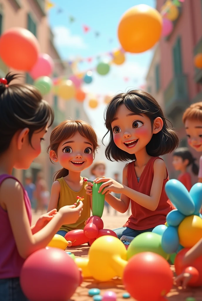 a young woman with long dark hair, with short straight bangs, She has a nose ring and lots of tattoos. She is sitting on a chair wearing a multi-colored t-shirt and has a box of paints and brushes next to her.. The woman is painting on the cheek of one of the children sitting in front of her, She is smiling with her gaze fixed on the brush and paint. It&#39;s a festive atmosphere, There are balloons and the children wait their turn